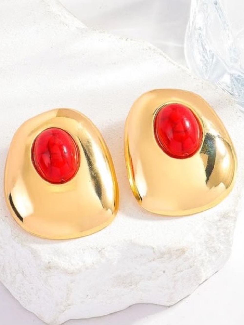 Anthropologie Gold-Tone Statement Earrings with Red Cabochon - Picture 6 of 6